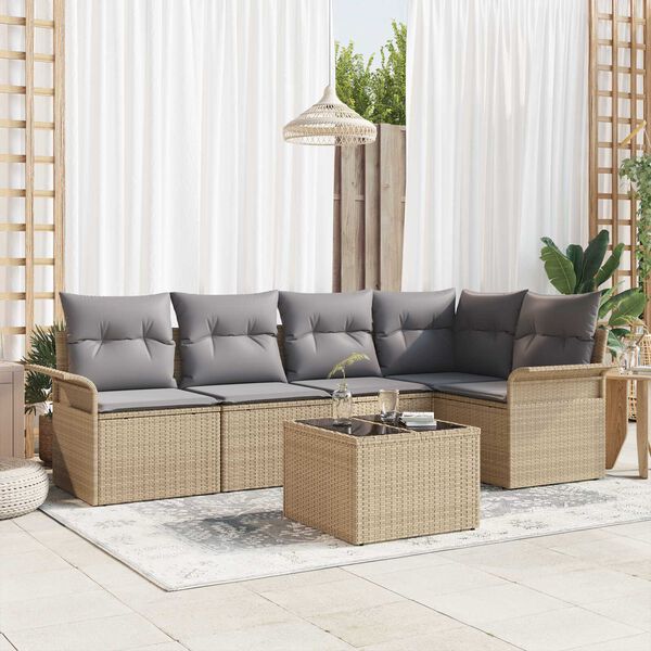 vidaXL Garten-Sofa-Set mit Kissen mit Speicher 6 pcs Beige Poly Rattan