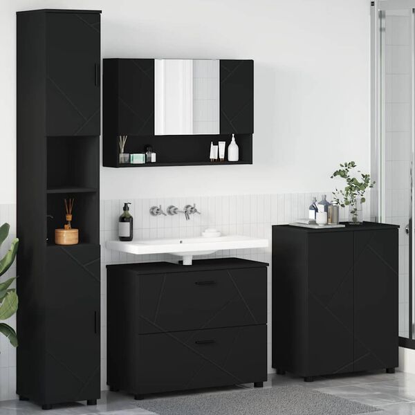 vidaXL Badezimmerm&ouml;bel-Set mit T&uuml;r 4 pcs Schwarz Sperrholz und Metall