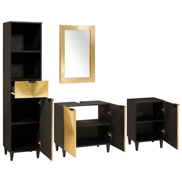 vidaXL Badezimmerschrank-Set 4 pcs Schwarz und Gold Massivholz Mango