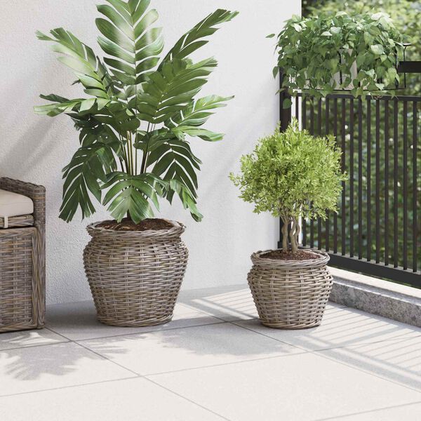 vidaXL Blumentopfkorb mit Speicher 2 pcs Grau Lacak Rattan