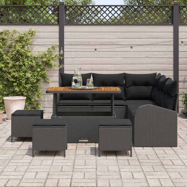 vidaXL Garten-Sofa-Set mit Kissen 9 pcs Schwarz Poly Rattan