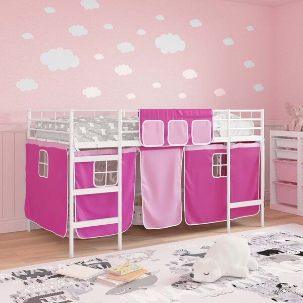 vidaXL Kinder Loft Bettgestell mit Vorh&auml;ngen Wei&szlig; und Rosa