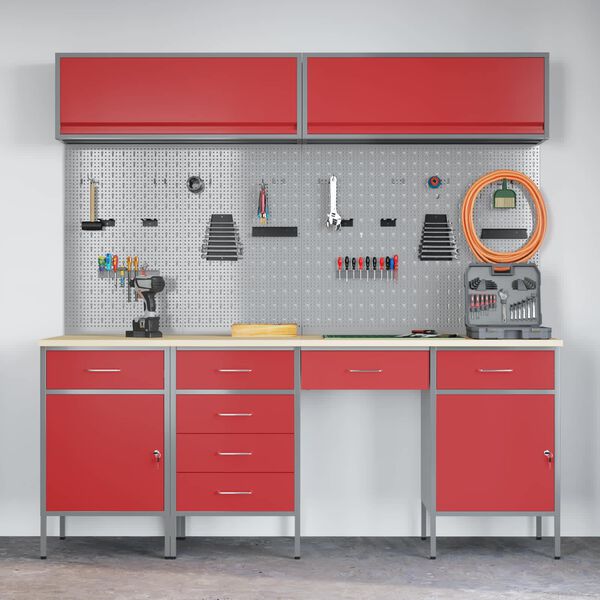 vidaXL Arbeitsschrankset mit Schubladen mit Speicher 10 pcs Rot