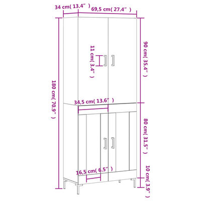 vidaXL Highboard Braun Eichen-Optik 69,5x34x180 cm Holzwerkstoff