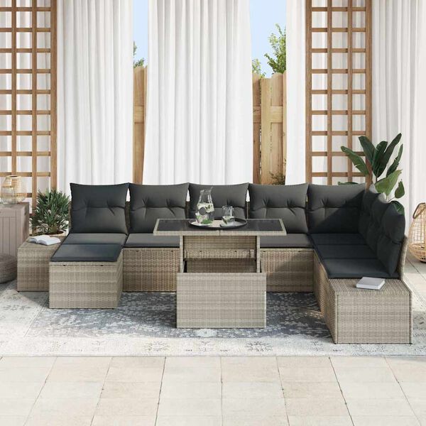 vidaXL Garten-Sofa-Set mit Speicher 9 pcs Hellgrau Poly Rattan