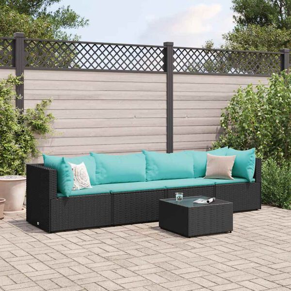 vidaXL 5-tlg. Garten-Lounge-Set mit Kissen Schwarz Poly Rattan