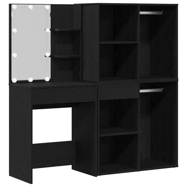 vidaXL LED Schminktisch Set Schwarz Eichen-Optik 140 x 40 x 140 cm