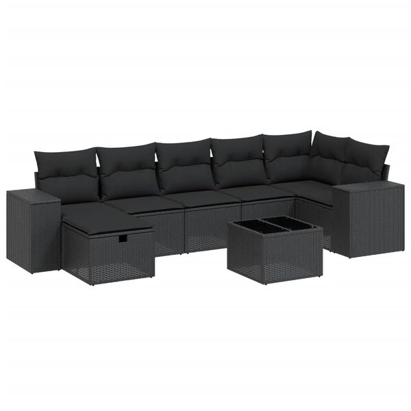 vidaXL 7-tlg. Garten-Sofagarnitur mit Kissen Schwarz Poly Rattan
