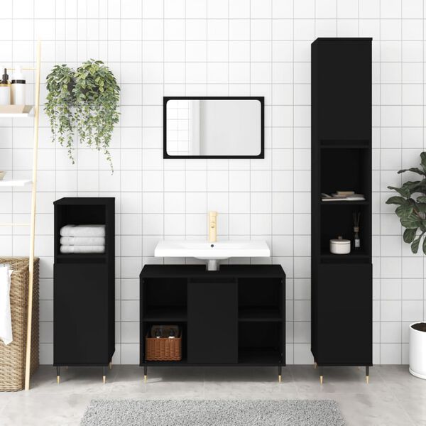 vidaXL 3-tlg. Badm&ouml;bel-Set Schwarz Holzwerkstoff