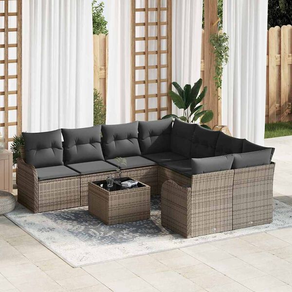 vidaXL Gartensofa-set mit Kissen mit Speicher 9 pcs Grau Poly-Rattan