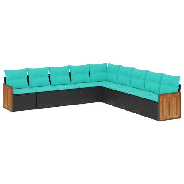 vidaXL 9-teiliges Gartensofa-Set mit Kissen, schwarzes Polyrattan