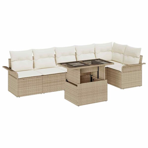 vidaXL Garten-Sofa-Set mit Kissen mit Speicher 7 pcs Beige Poly Rattan