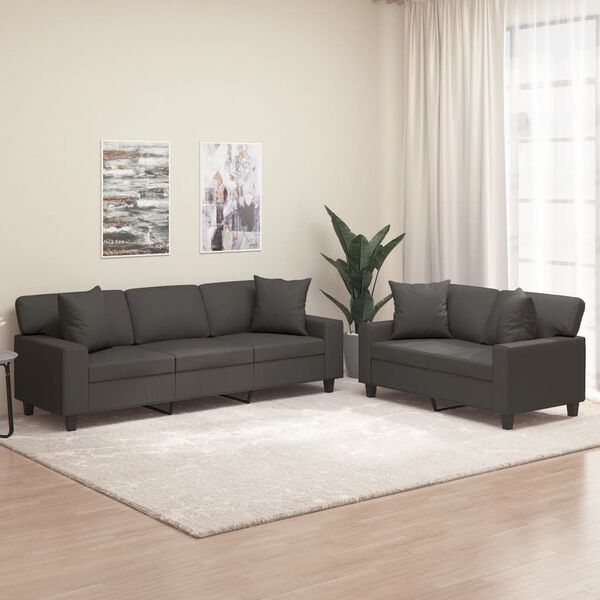 vidaXL 2-tlg. Sofagarnitur mit Kissen Grau Kunstleder