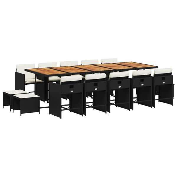 vidaXL 15-tlg. Garten-Essgruppe mit Kissen Schwarz Poly Rattan