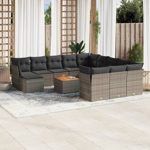 vidaXL 13-tlg. Garten-Sofagarnitur mit Kissen Grau Poly Rattan