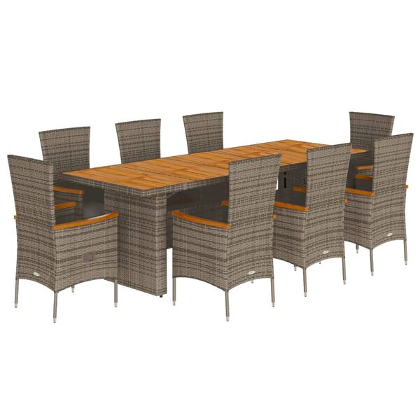 vidaXL 9-tlg. Garten-Essgruppe mit Kissen Grau Poly Rattan