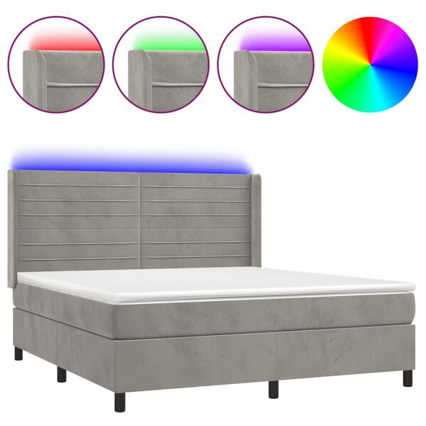 vidaXL Boxspringbett mit Matratze & LED Hellgrau 180x200 cm Samt