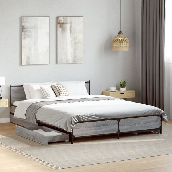 vidaXL Bettgestell mit Schubladen Grau Sonoma 135x190 cm Holzwerkstoff