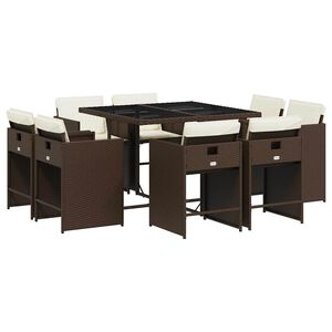 vidaXL 9-tlg. Garten-Essgruppe mit Kissen Braun Poly Rattan