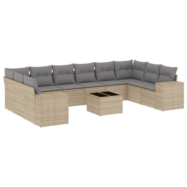 vidaXL 11-tlg. Garten-Sofagarnitur mit Kissen Beige Poly Rattan