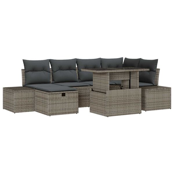vidaXL Garten-Sofa-Set mit Kissen mit Speicher 7 pcs Grau Poly Rattan