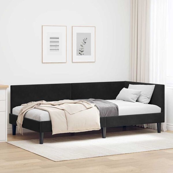 vidaXL Eckbettgestell Schwarz 90 cm x 200 cm SamtundSperrholz