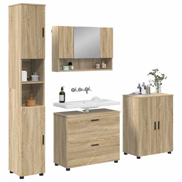 vidaXL Badezimmerm&ouml;bel-Set 4 pcs Sonoma-Eiche Sperrholz und Metall