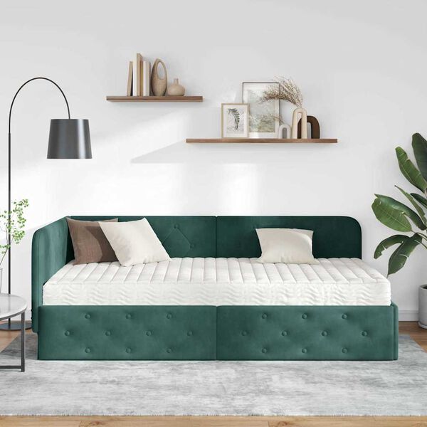vidaXL Eckbettgestell mit Matratze Dunkelgr&uuml;n 90 x 190 cm Samt