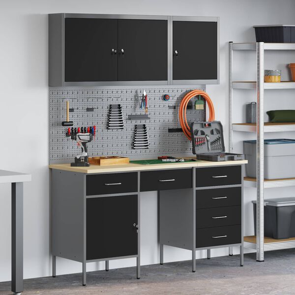 vidaXL Werkbank mit Schubladen 8 pcs Schwarz Ingenieure Holz und Stahl