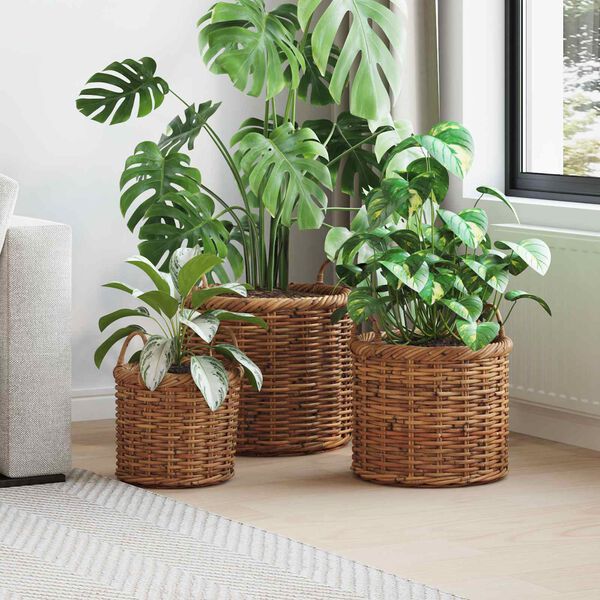 vidaXL Blumentopfkorb mit Speicher 3 pcs Braun Kubu Rattan