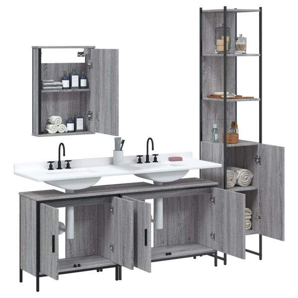 vidaXL 4-tlg. Badm&ouml;bel-Set Grau Sonoma Holzwerkstoff