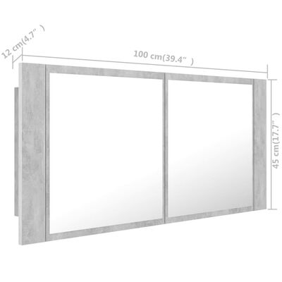 vidaXL LED-Bad-Spiegelschrank Betongrau 100x12x45 cm Acryl