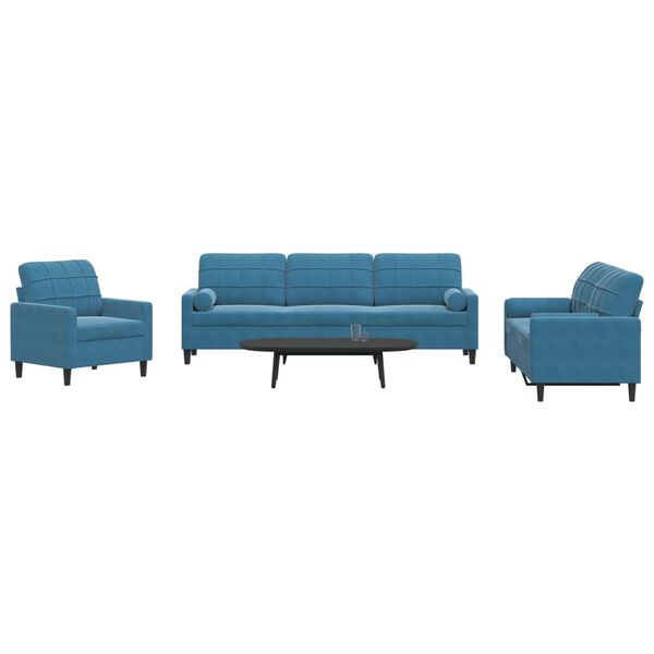 vidaXL 3-tlg. Sofagarnitur mit Kissen und Nackenrollen Blau Samt