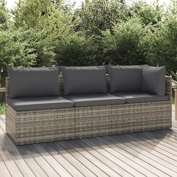 vidaXL 3-tlg. Garten-Lounge-Set mit Kissen Grau Poly Rattan