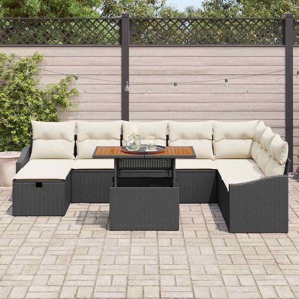 vidaXL Garten-Sofa-Set mit Kissen 9 pcs Schwarz Poly Rattan