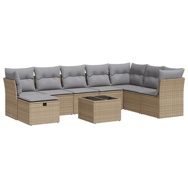 vidaXL 9-tlg. Garten-Sofagarnitur mit Kissen Beige Poly Rattan