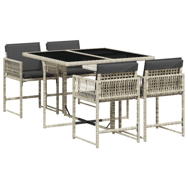 vidaXL 5-tlg. Garten-Essgruppe mit Kissen Hellgrau Poly Rattan