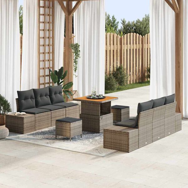 vidaXL Garten-Sofa-Set mit Kissen 9 pcs Grau Poly Rattan