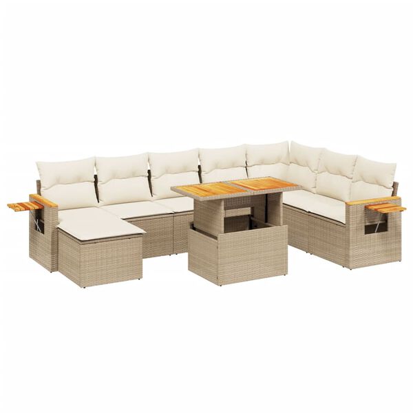 vidaXL 9-tlg. Garten-Sofagarnitur mit Kissen Beige Poly Rattan