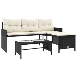 vidaXL Gartensofa in L-Form mit Tisch und Kissen Schwarz Poly Rattan