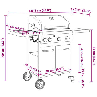 vidaXL Gasgrill mit 4 Flammen Schwarz Pulverbeschichteter Stahl