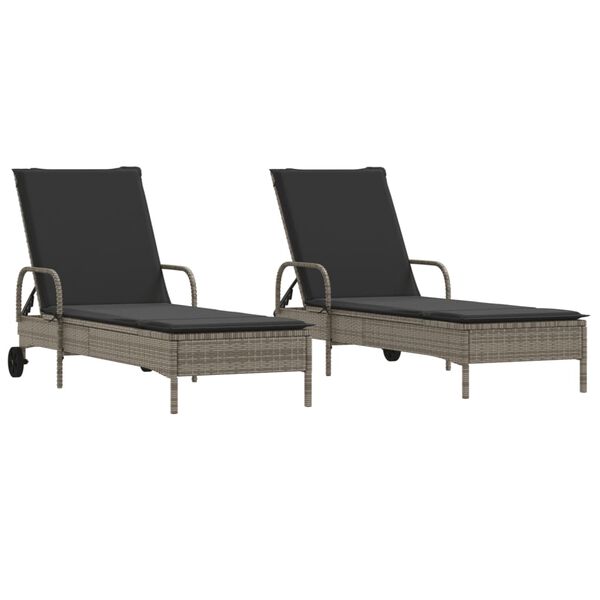 vidaXL Sonnenliegen mit Auflagen 2 Stk. Grau Poly Rattan