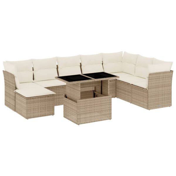 vidaXL 9-tlg. Garten-Sofagarnitur mit Kissen Beige Poly Rattan