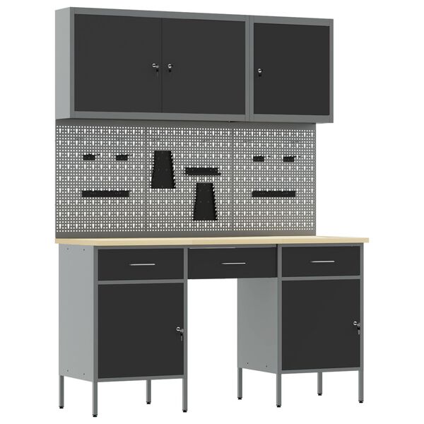 vidaXL Werkbank mit Schubladen 8 pcs Schwarz 150 x 55 x 200 cm Stahl