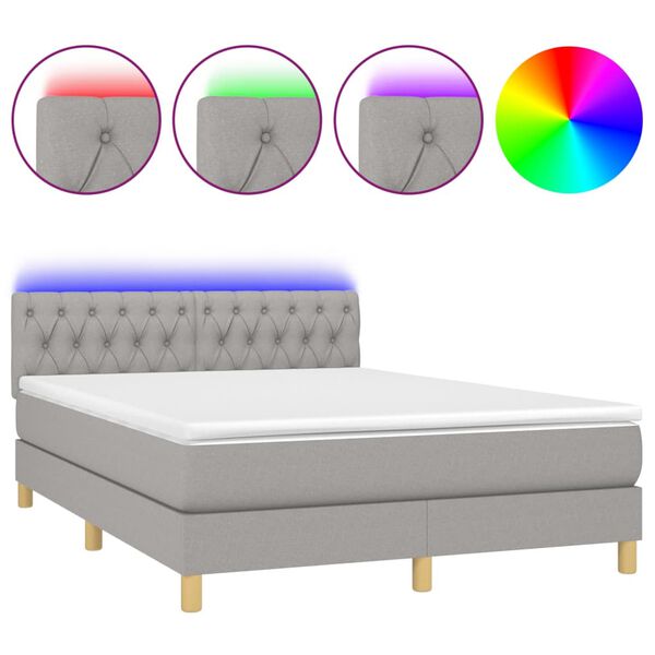 vidaXL Boxspringbett mit Matratze & LED Hellgrau 140x200 cm Stoff