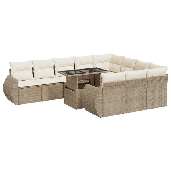 vidaXL 11-tlg. Garten-Sofagarnitur mit Kissen Beige Poly Rattan