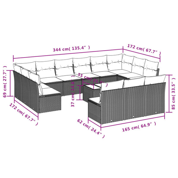 vidaXL 14-tlg. Garten-Sofagarnitur mit Kissen Braun Poly Rattan
