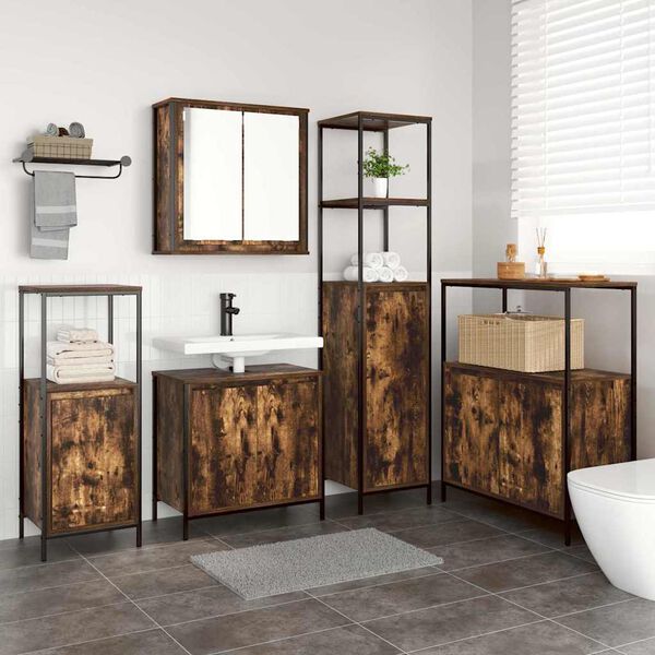 vidaXL Badezimmerm&ouml;bel-Set mit T&uuml;r 5 pcs Ger&auml;ucherte Eiche und Schwarz