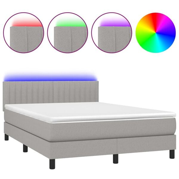 vidaXL Boxspringbett mit Matratze & LED Hellgrau 140x200 cm Stoff