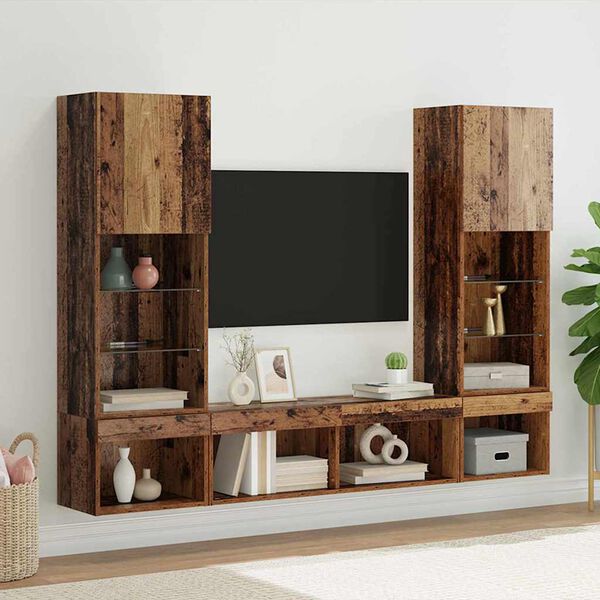 vidaXL TV Wand Einheiten mit LED mit LED 5 pcs Altholz Holzwerkstoff